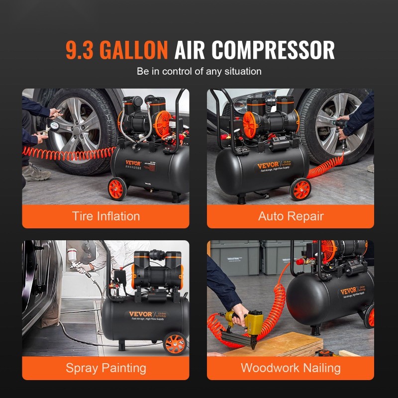 Ilmakompressori öljytön 35,2 litran säiliö 1800 wattia käyntiääni 70 desibeliä pyörillä