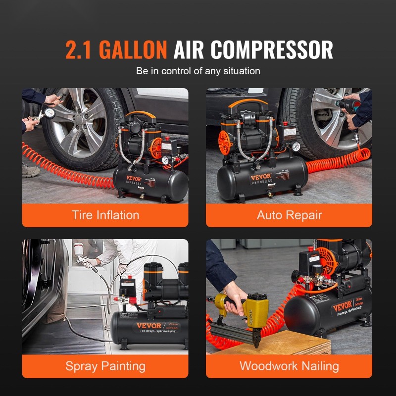 Öljytön ilmakompressori 8 l säiliöllä 900 W 2,2 CFM 70 dB