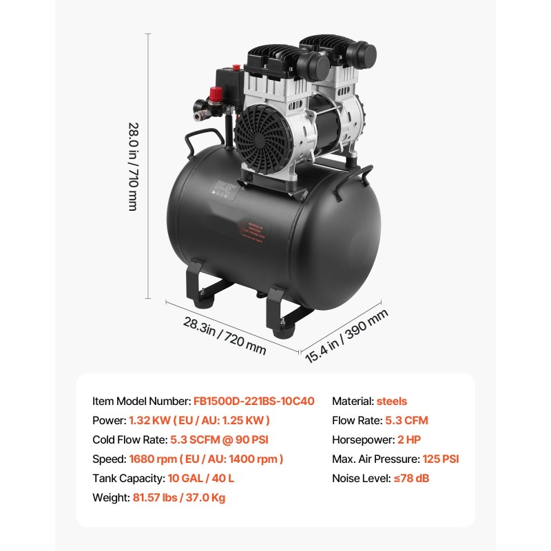 Vaakasuuntainen ilmakompressori terässäiliö 40 L 2 hv öljytön suurin paine 125 PSI