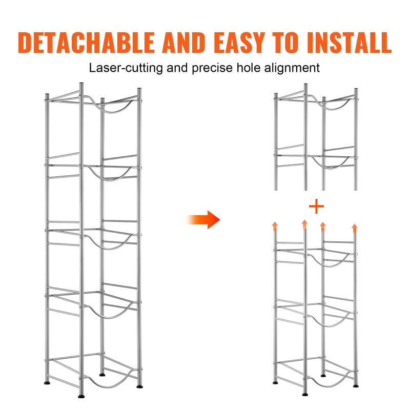 Vesikanisteriteline rautainen viisi tasoa viidelle kanisterille yksirivinen säädettävillä jaloilla ruosteenkestävä pinta hopea