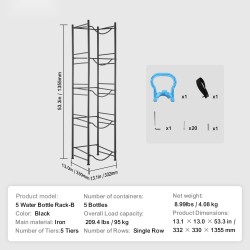 Vesipulloteline rautainen 5-tasoinen yksirivinen 5 pullolle musta