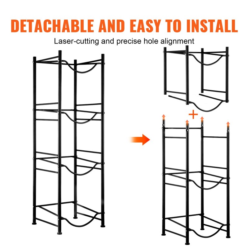 Rautainen yksirivinen nelitasoinen vesisäiliöteline neljälle pullolle musta
