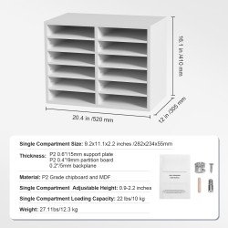 12-lokeroinen asiakirjalajittelija P2-luokan lastulevy MDF-levy valkoinen säädettävät hyllyt 52x30,5x41cm