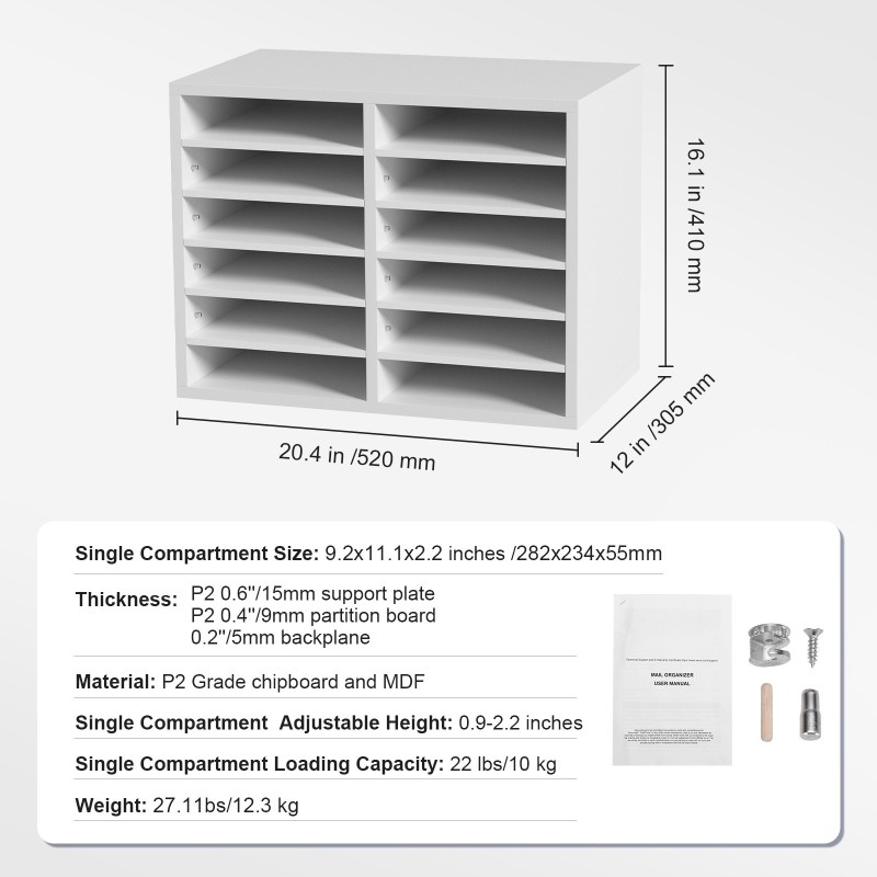 12-lokeroinen asiakirjalajittelija P2-luokan lastulevy MDF-levy valkoinen säädettävät hyllyt 52x30,5x41cm