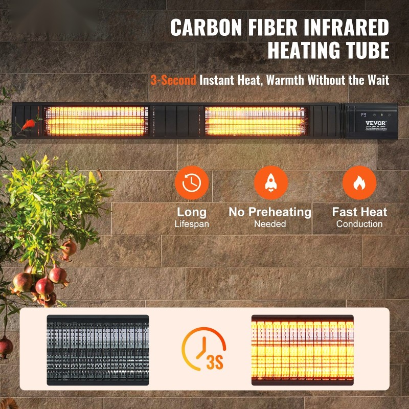 Infrapunalämmitin sähköinen 3000W hiilipohjainen lämmitysputki IP65 etäohjain 9 tehotasoa ajastin seinäkiinnitys