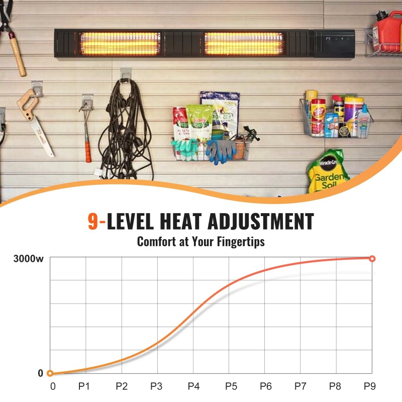 Infrapunalämmitin sähköinen 3000W hiilipohjainen lämmitysputki IP65 etäohjain 9 tehotasoa ajastin seinäkiinnitys