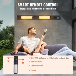 Infrapunalämmitin sähköinen 3000W hiilipohjainen lämmitysputki IP65 etäohjain 9 tehotasoa ajastin seinäkiinnitys