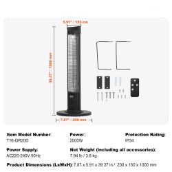 Infrapunalämmitin 2000W kaukosäätimellä 3 tehotasoa ajastin kaatumissuoja IP34