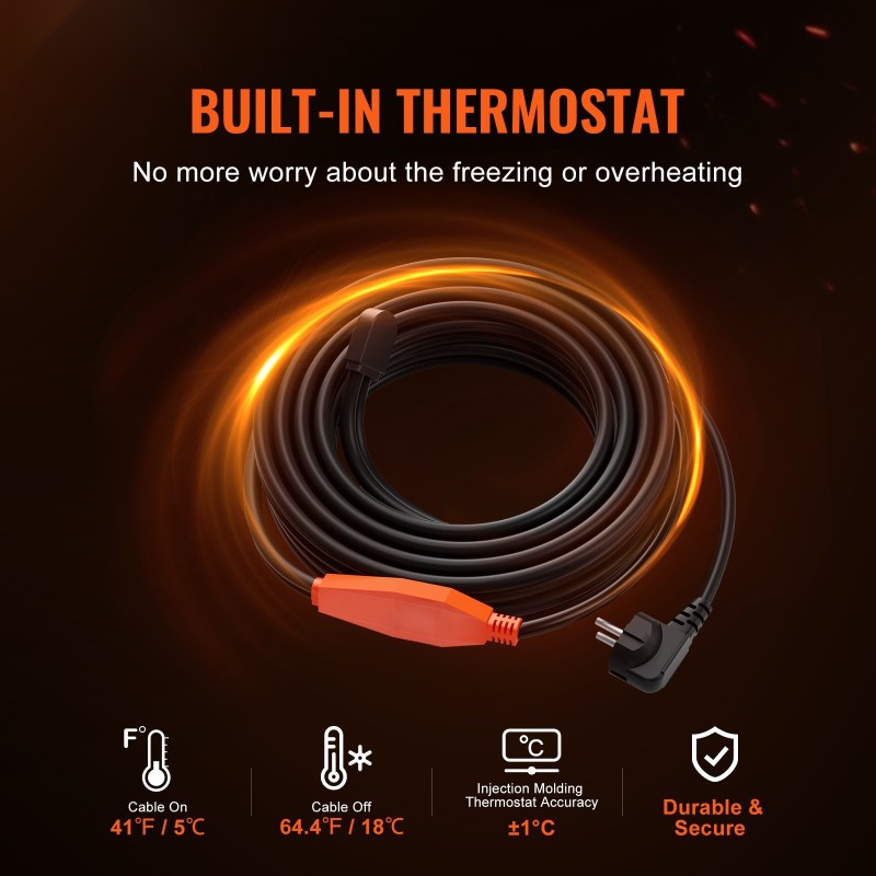 Putkilämmityskaapeli 2 m 23 W/m sisäänrakennetulla termostaatilla PVC metalli ja muoviputkille
