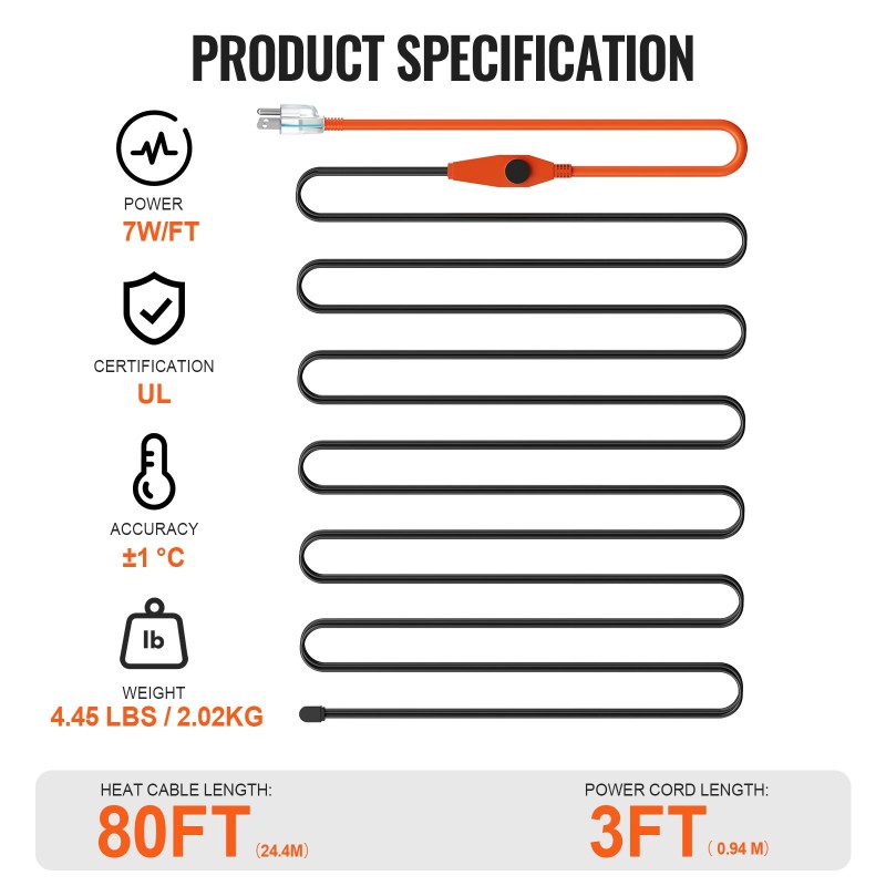 Putkien lämmityskaapeli 25 m 23 W/m sisäänrakennetulla termostaatilla PVC- ja metalliputkille