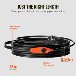 Putkilämmityskaapeli 18 m 23 W/m sisäänrakennettu termostaatti PVC-, metalli- ja muoviputkille