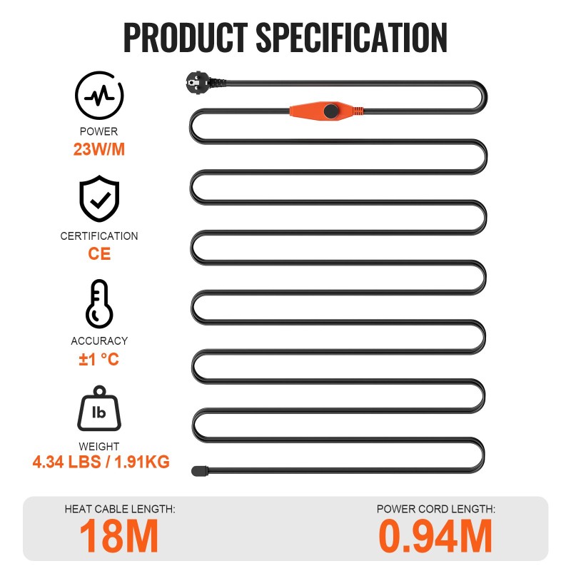 Putkilämmityskaapeli 18 m 23 W/m sisäänrakennettu termostaatti PVC-, metalli- ja muoviputkille