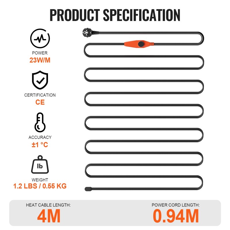 Putkilämmityskaapeli 4 m 23 W/m sisäänrakennetulla termostaatilla muovi- ja metalliputkille