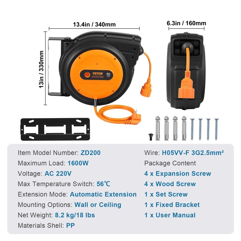 Sisäänkelautuva jatkojohdon kela 19 m 1 m syöttöjohto 1600W PP kotelo