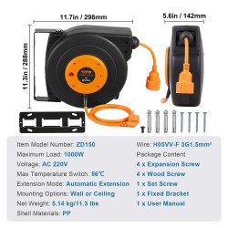 Vedettävä jatkojohtokela 15 metrin jatkojohto 1 metrin syöttöjohto ylikuumenemissuoja 1000 watin