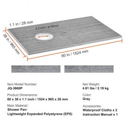 EPS-suihkualusta 1524x965 mm kynnys keskitetty 160 mm viemäri 2 vedeneristyskangasta