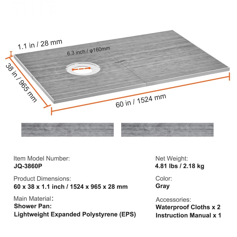 EPS-suihkualusta 1524x965 mm kynnys keskitetty 160 mm viemäri 2 vedeneristyskangasta
