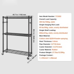 Hiiliteräksinen vaateteline pyörillä 3 hyllyä 2 tankoa korkeussäädettävä 182 kg kantavuus