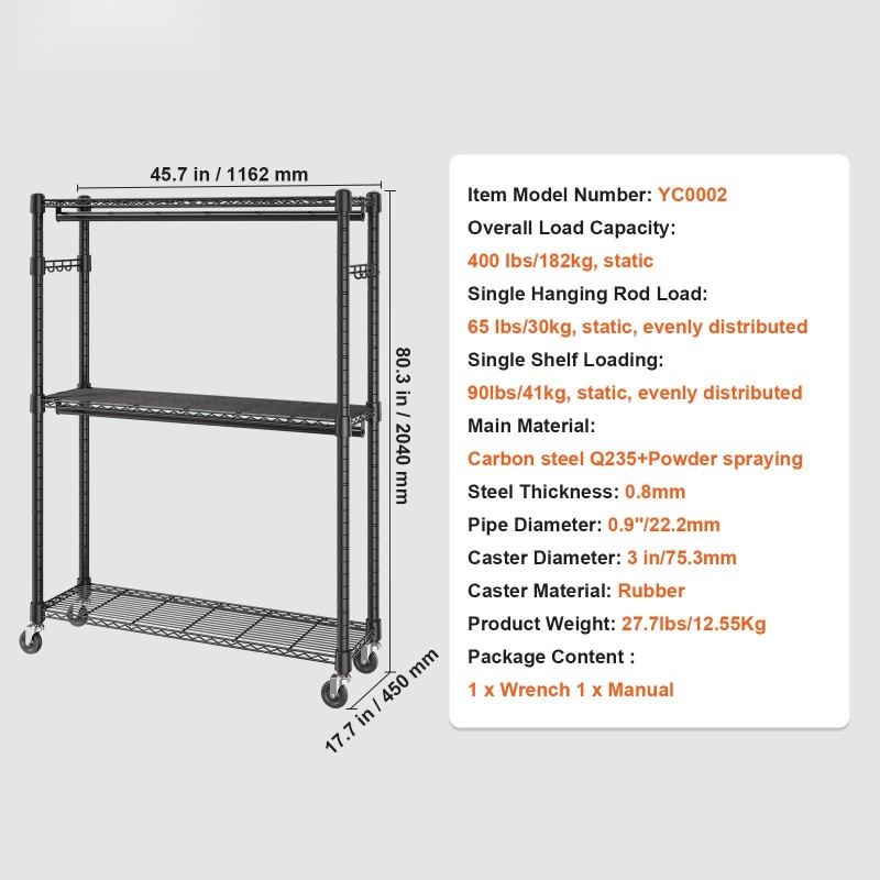 Hiiliteräksinen vaateteline pyörillä 3 hyllyä 2 tankoa korkeussäädettävä 182 kg kantavuus