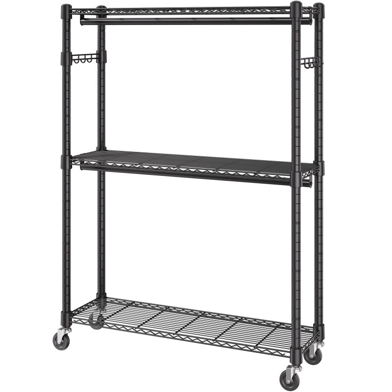 Hiiliteräksinen vaateteline pyörillä 3 hyllyä 2 tankoa korkeussäädettävä 182 kg kantavuus