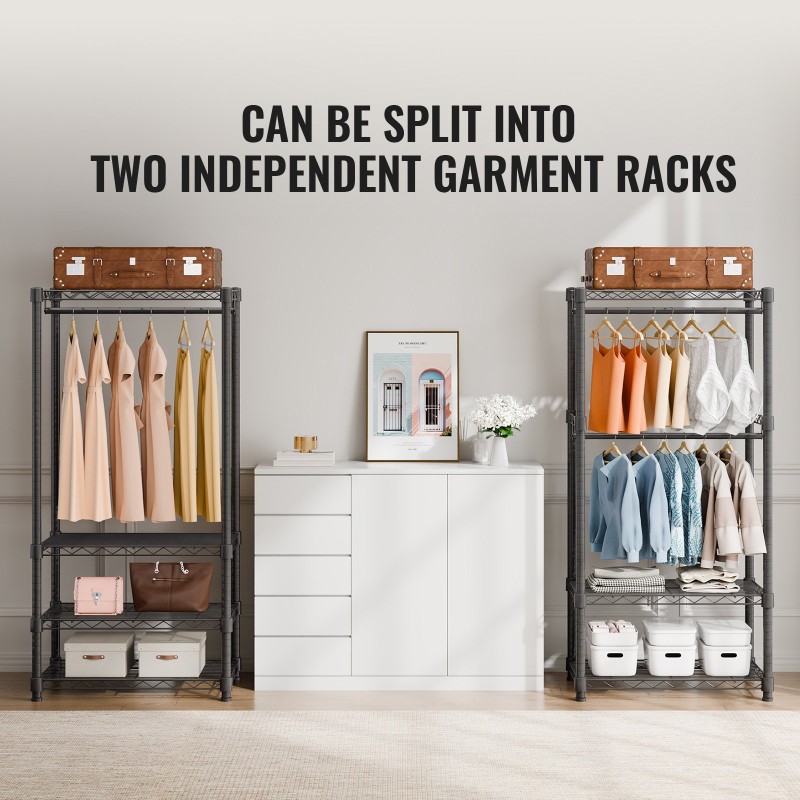 Vaateräkki hiiliteräsrakenne 4 ripustustankoa 8 hyllyä 174x45x180 cm 362,9 kg kantavuus