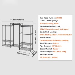 Vaateräkki hiiliteräsrakenne 4 ripustustankoa 8 hyllyä 174x45x180 cm 362,9 kg kantavuus
