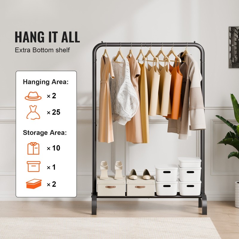 Vaateripustin hiiliteräksinen 25,4 mm putkella alaohyllyllä U-jalustalla liukuestotyynyillä makuuhuoneeseen