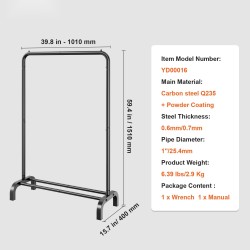 Vaateripustin hiiliteräksinen 25,4 mm putkella alaohyllyllä U-jalustalla liukuestotyynyillä makuuhuoneeseen