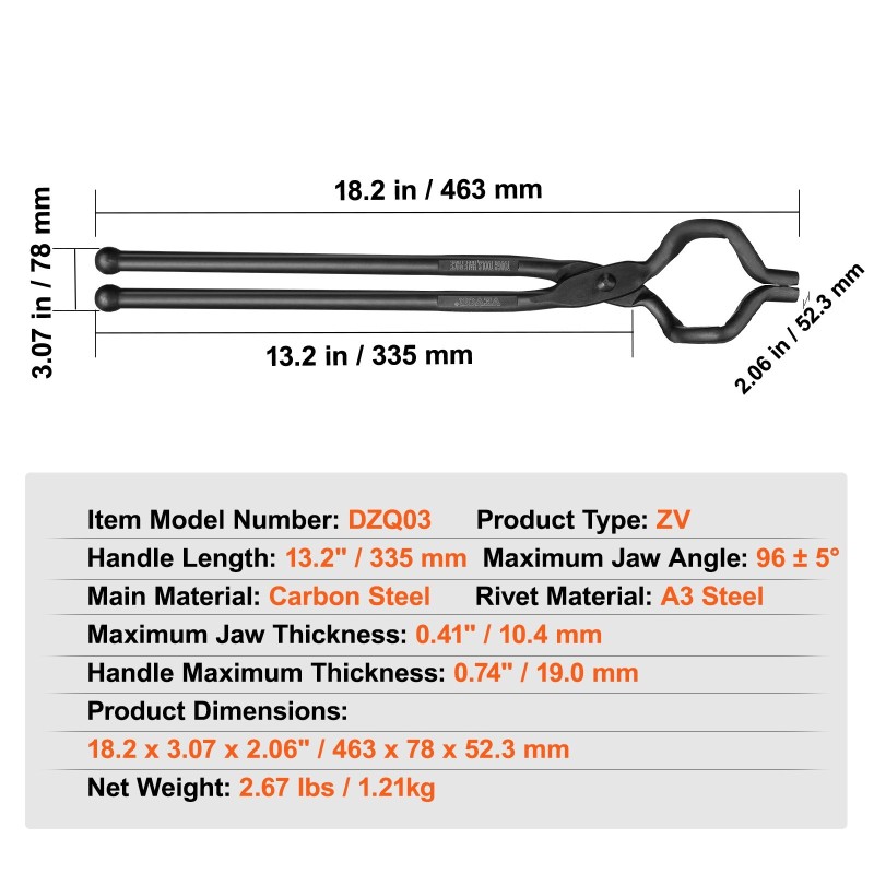 Sepänpihdit hiiliteräksiset 463 mm Z-muotoisilla V-leuoilla A3-teräsniitit
