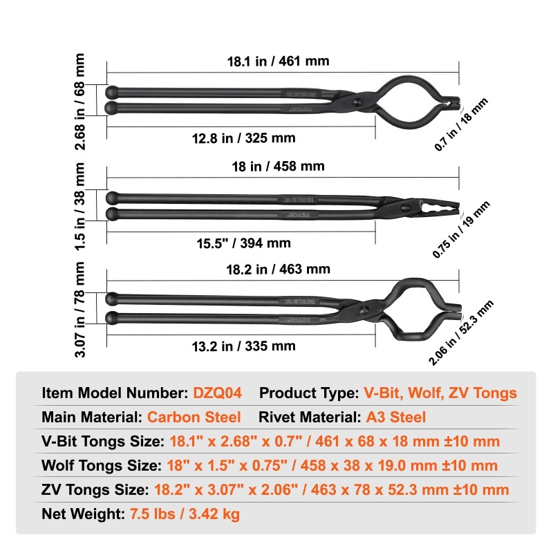 Takomapihdit 3-osainen 45,7 cm hiiliteräs kolme leuatyyppiä