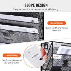 Metallinen seinälle kiinnitettävä verkkomallinen mapputeline kuudelle taskulle nimikelapuilla