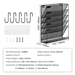 Metallinen seinälle kiinnitettävä verkkomallinen mapputeline kuudelle taskulle nimikelapuilla