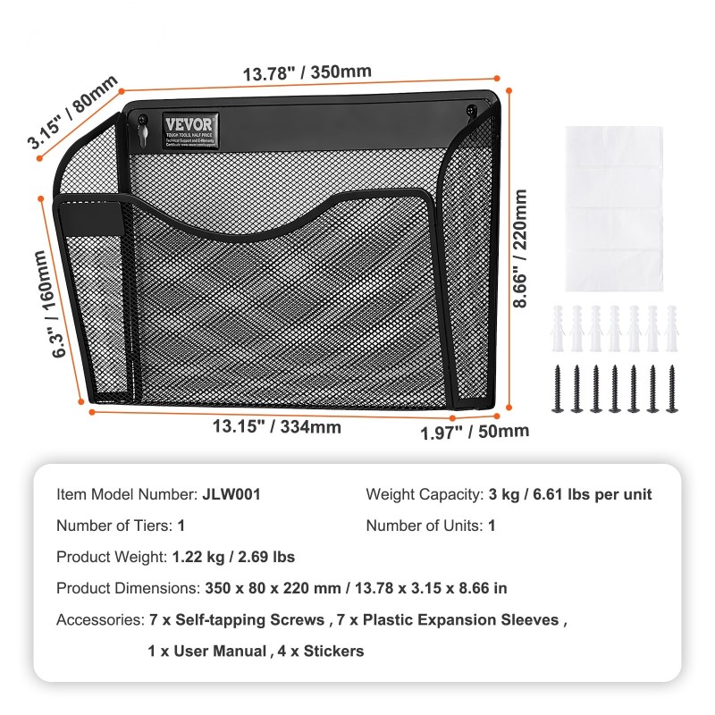 Metallinen seinälle kiinnitettävä kolmeosainen yksitaskuinen asiakirjateline toimistoon kotiin kouluun