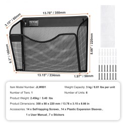 Seinälle kiinnitettävä metallinen arkistoteline 6 verkkolokerolla ja nimilapuille