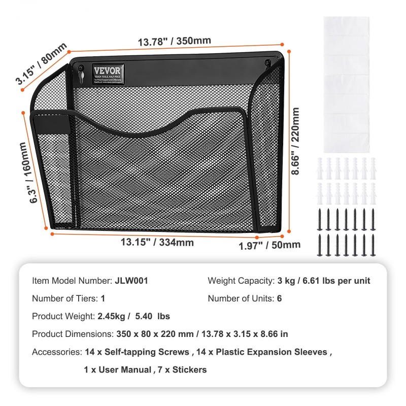 Seinälle kiinnitettävä metallinen arkistoteline 6 verkkolokerolla ja nimilapuille