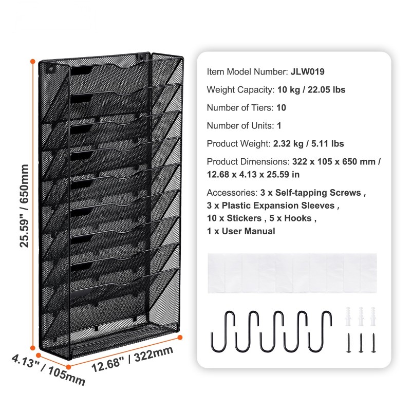 Metallinen verkkorakenteinen seinälle asennettava asiakirjateline 10 taskua nimikentillä toimisto koti koulu