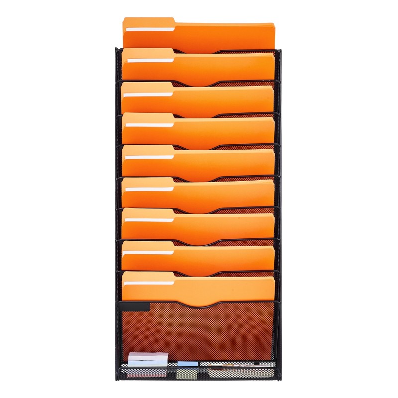 Metallinen seinäkiinnitteinen asiakirjateline 2 yksikköä 10 taskua nimikentillä verkkorakenteella toimistoon kotiin kouluun