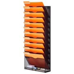 Seinälle asennettava metallinen 12 taskuinen verkkorakenteinen asiakirjalokero nimikointipaikoilla