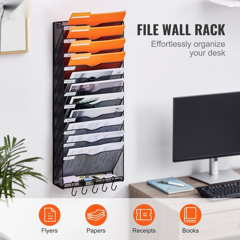 Seinälle asennettava metallinen 12-taskuinen verkkorakenteinen asiakirjalokero nimikointipaikoilla