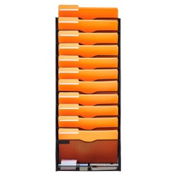 Seinälle asennettava metallinen 12-taskuinen verkkorakenteinen asiakirjalokero nimikointipaikoilla