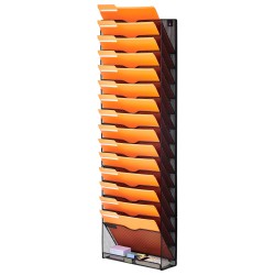 Seinälle asennettava metallinen asiakirjateline yhdestä osasta valmistettu kuusitoista verkkotaskua