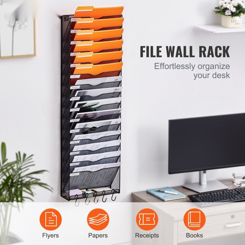 Seinälle asennettava metallinen asiakirjateline yhdestä osasta valmistettu kuusitoista verkkotaskua