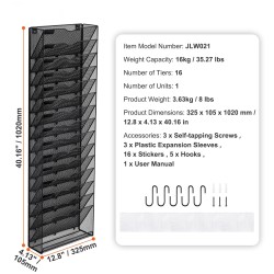 Seinälle asennettava metallinen asiakirjateline yhdestä osasta valmistettu kuusitoista verkkotaskua