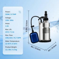 Uppopumppu ruostumattomasta teräksestä 550W 9500 l/h 10 m johdolla automaattisella kellukekytkimellä