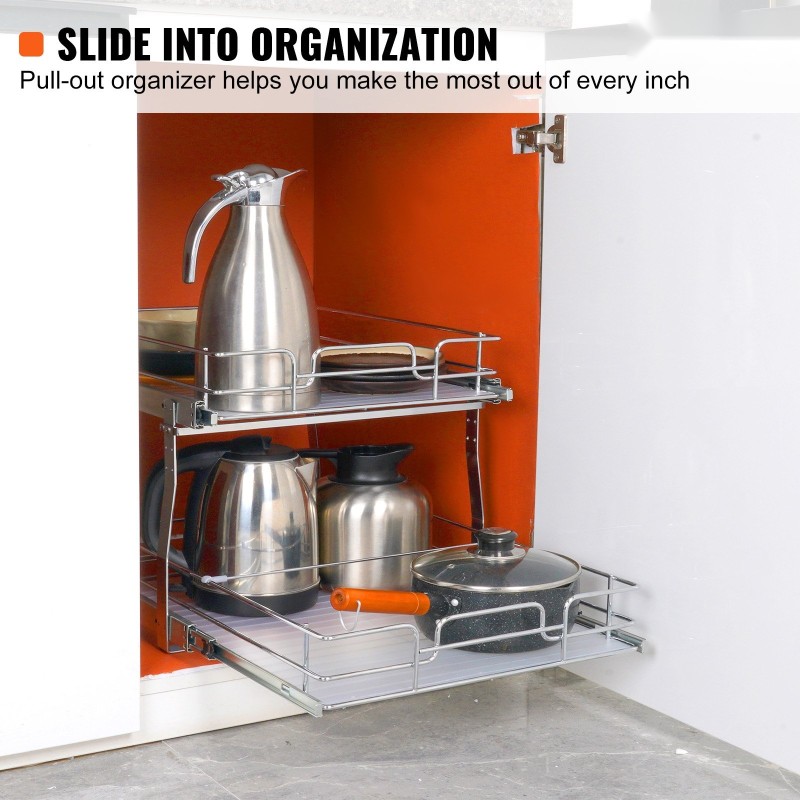 Kaksitasoinen ulosvedettävä kaapinjärjestäjä kromattu teräs asennuskoko 538x569x483 mm