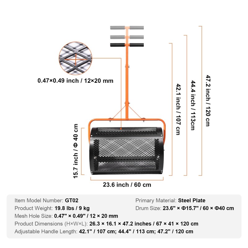 Kompostin levitin teräsrunkoinen 61 cm rumpu säädettävä T-kahva musta