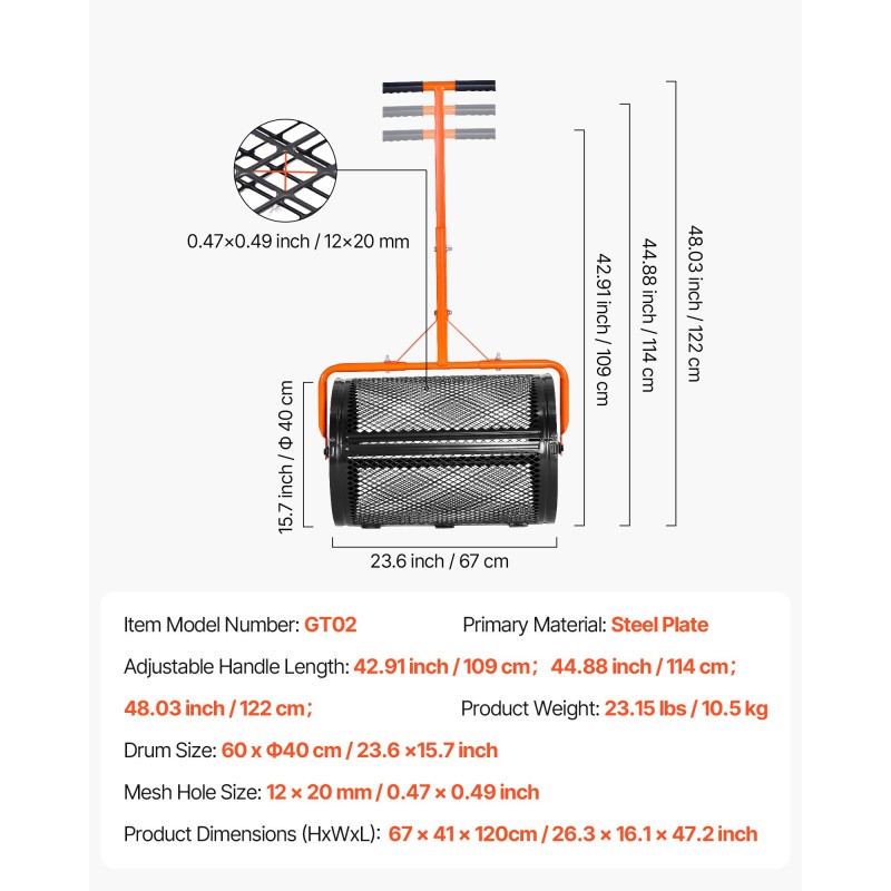 Kompostinlevitin 24 tuuman jauhemaalatulla teräsrungolla säädettävällä T-kahvalla nurmikolle