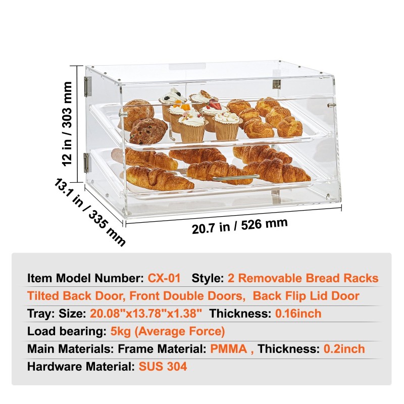 Leivosvitriini akryyli 2-tasoinen työpöydälle irrotettavat tarjottimet 52,6×33,5×30,2 cm