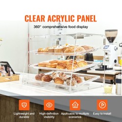 Kolmitasoinen akryylinen pöytämallinen leivonnaiskaappi irrotettavilla tarjottimilla takaovella