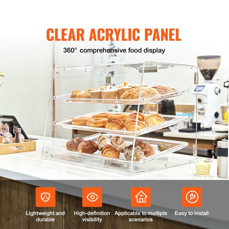 Kolmitasoinen akryylinen pöytämallinen leivonnaiskaappi irrotettavilla tarjottimilla takaovella